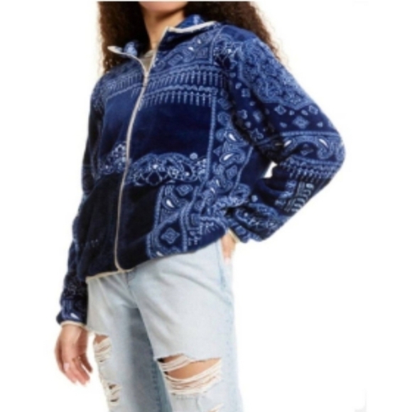 Nordstrom BP Faux Shearling Plush Fleece Blue Bandana Paisley Print Jacket Med - Picture 2 of 15